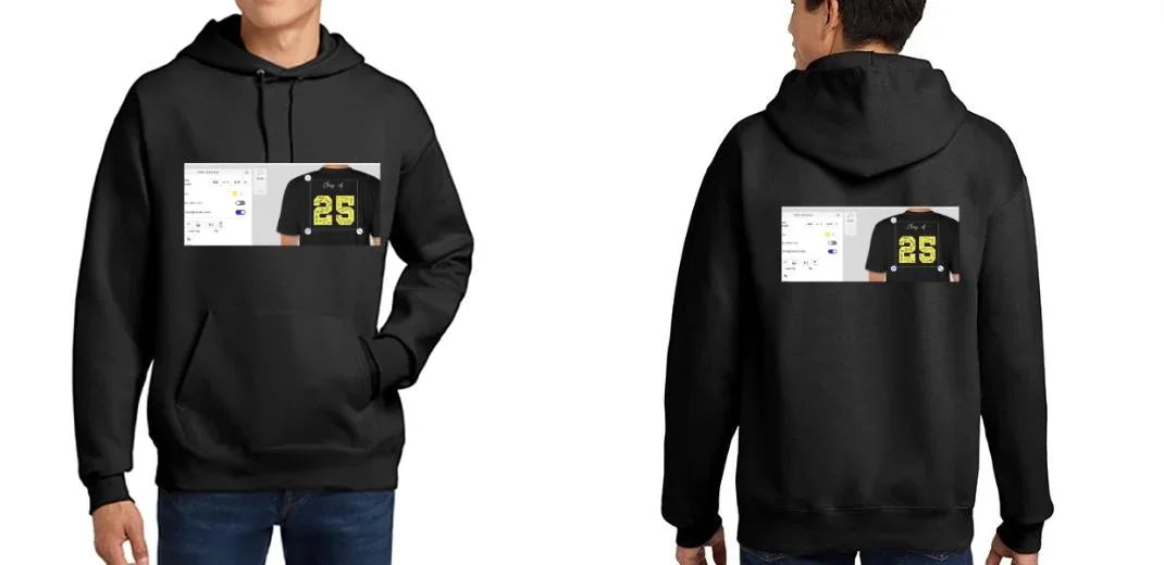 Front and back view of a person wearing a black custom hoodie.