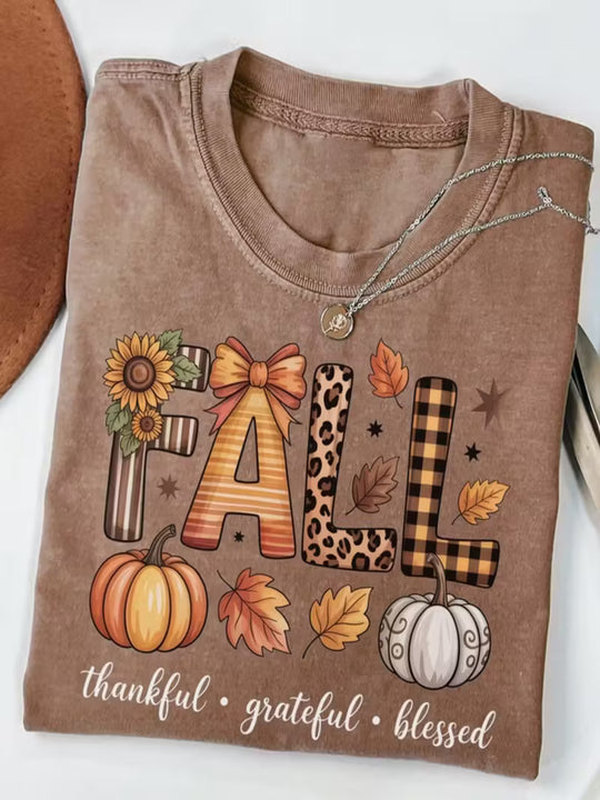 Men's & Women's Autumn T-Shirt - Fall Lettering with Plaid, Leaf & Pumpkin Print
