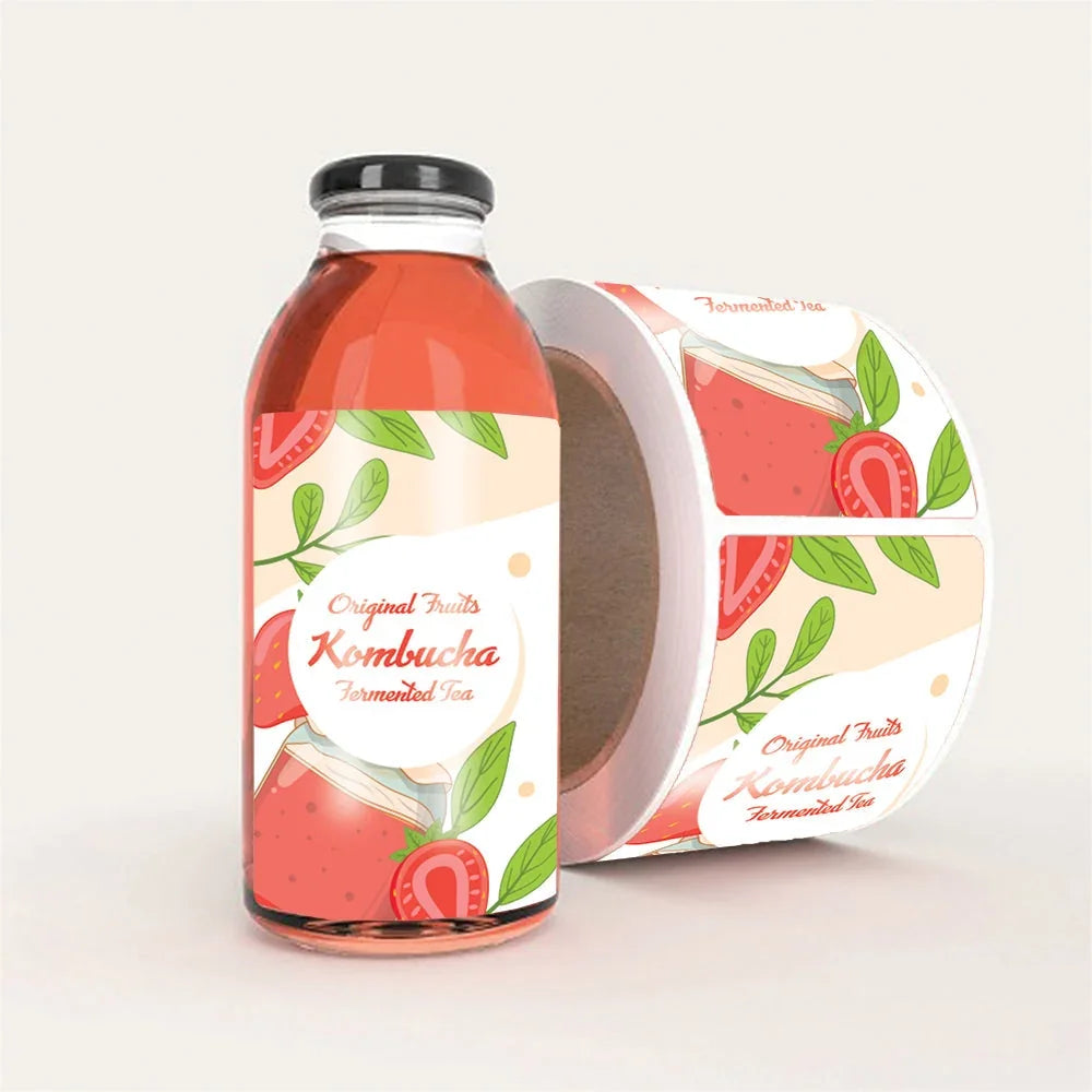 Custom printed labels for Original Fruits Kombucha fermented tea bottles