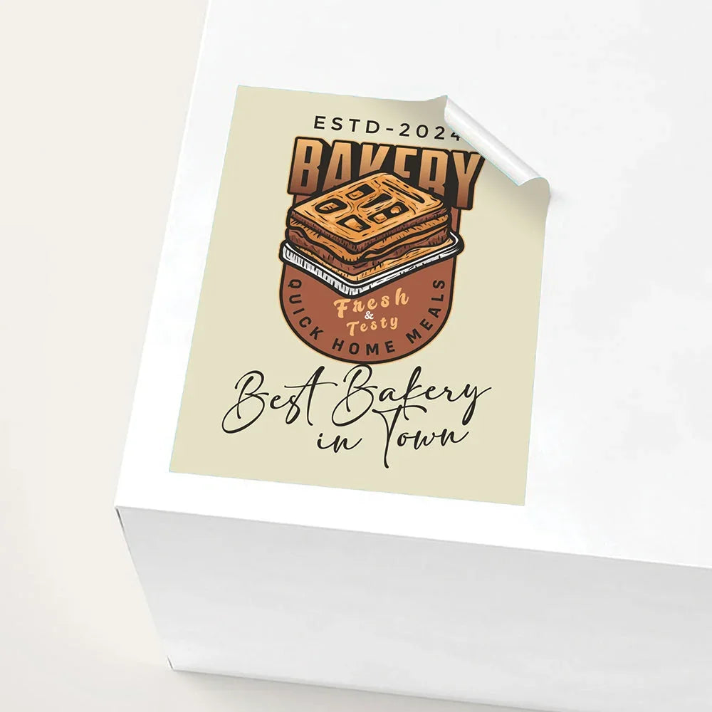 Custom bakery sticker featuring a cake illustration on a white cardboard box.