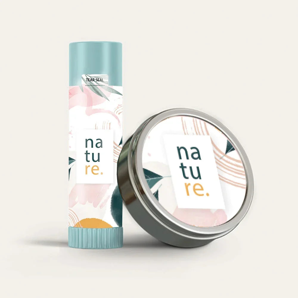 Custom printed lip balm tube and tin with 'nature.' branding and floral design.