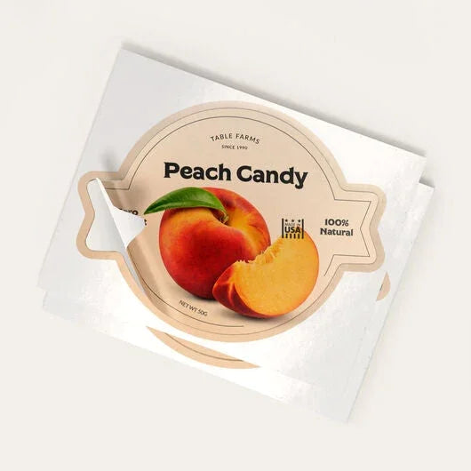 Peach Candy packaging design featuring fresh peaches on a white card.