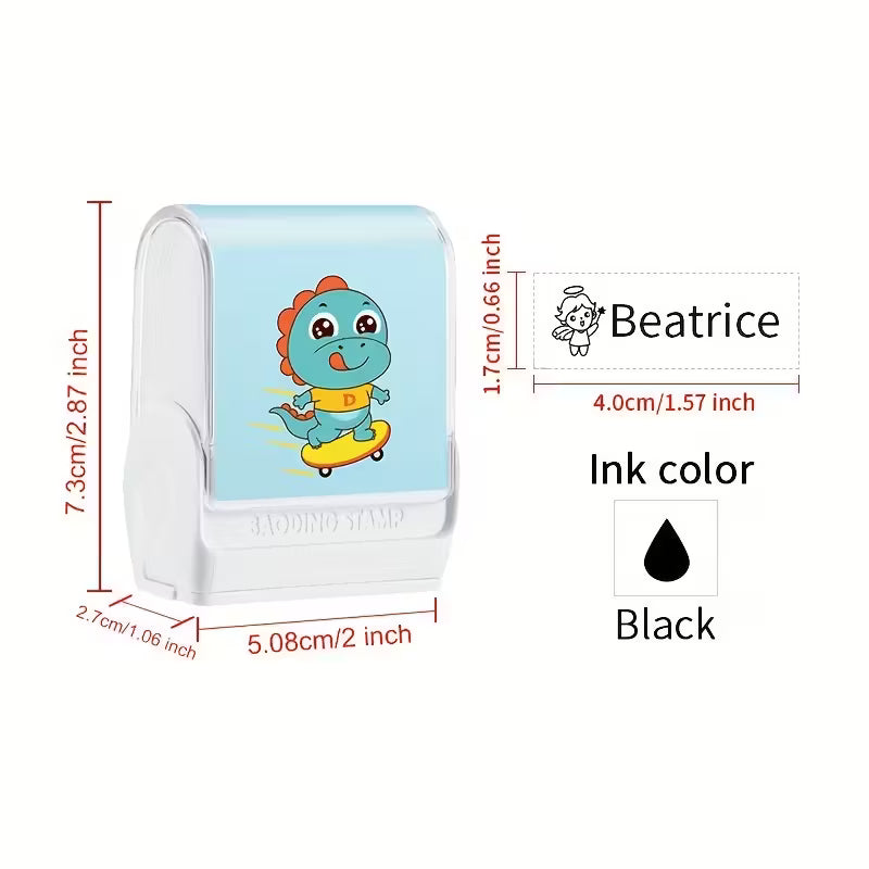 Waterproof Non-fading Blue Custom Name Stamp With Dinosaur Motif
